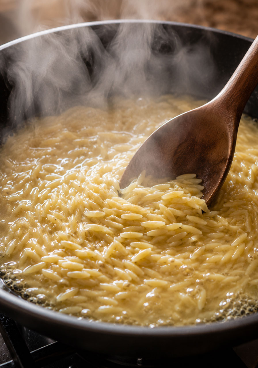 Orzo pasta simmering in chicken broth in a skillet
