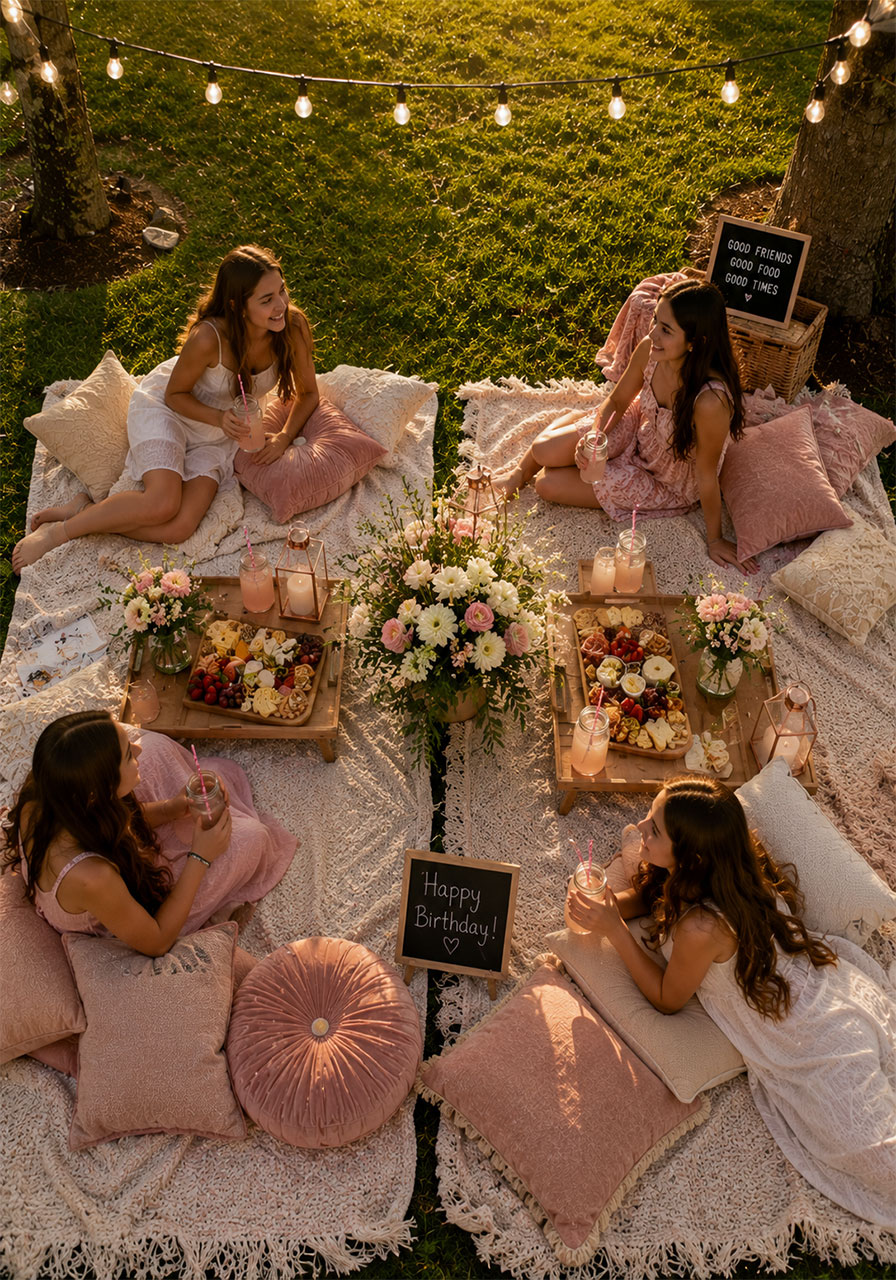 Beautiful outdoor picnic birthday party setup with charcuterie boards and fairy lights for teen girls