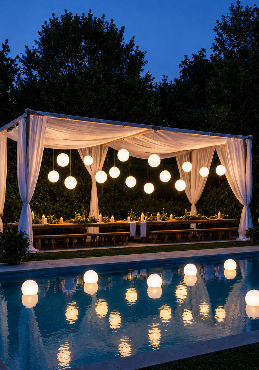 Elegant outdoor canopy with globe lights and pool reflections at dusk for a graduation pool party dinner setup