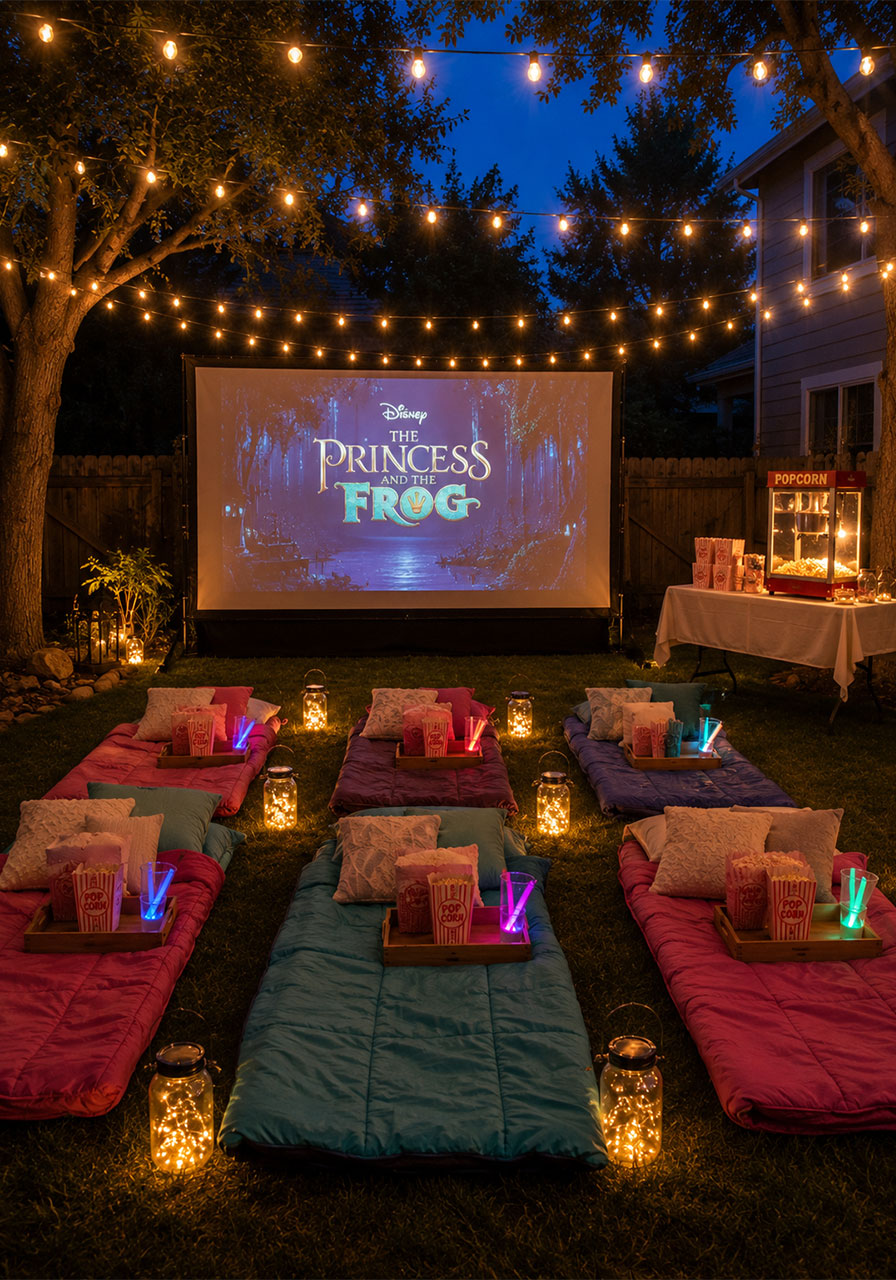 Outdoor backyard movie night birthday party setup with string lights, floor bedding setups, and mason jar lanterns