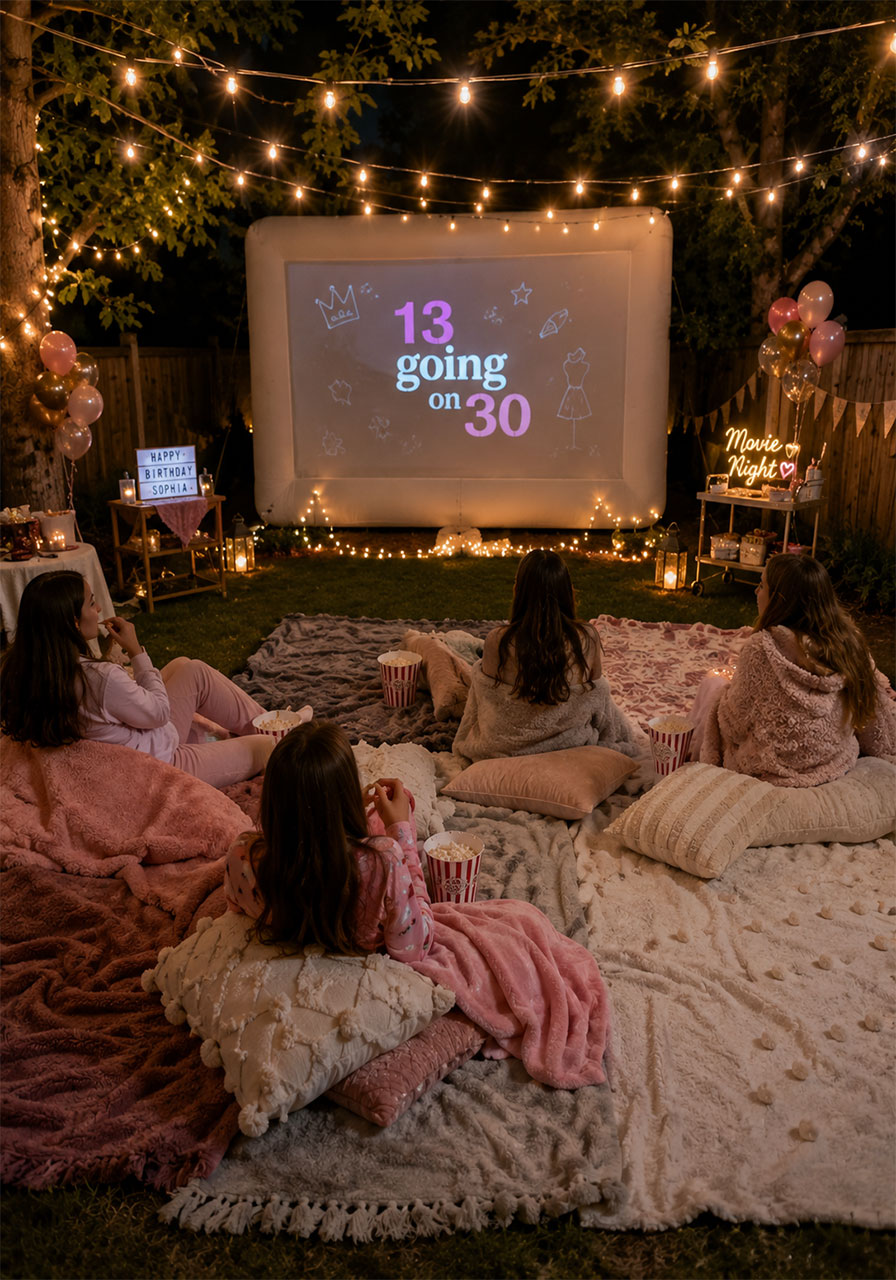 Cozy backyard outdoor movie night birthday party with projector screen fairy lights and blankets for teens