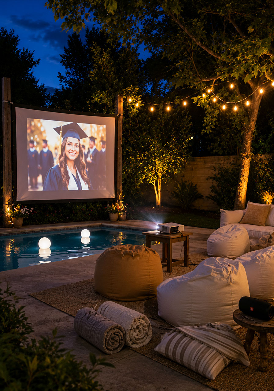 Outdoor movie projector screening a graduation photo slideshow beside a pool with cozy bean bag seating for a pool party graduation