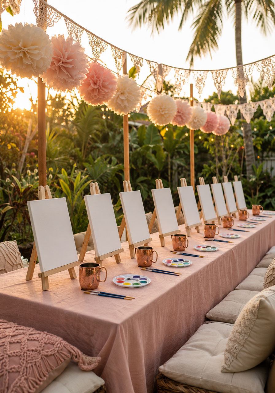 Outdoor bridal shower painting activity table with mini easels, canvases, and copper mugs at golden hour