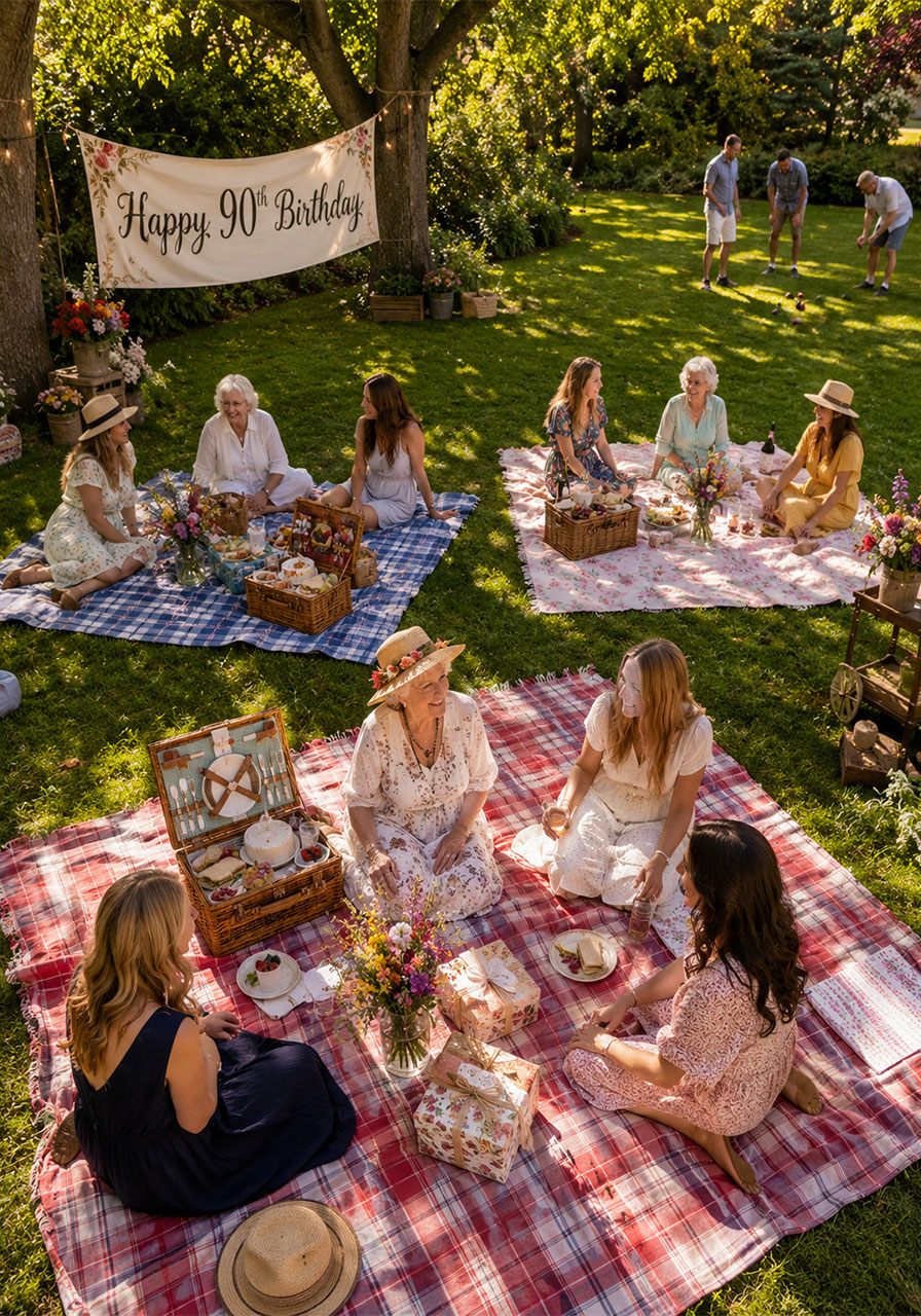 Outdoor afternoon picnic 90th birthday party with patterned blankets, wicker baskets, and garden setting