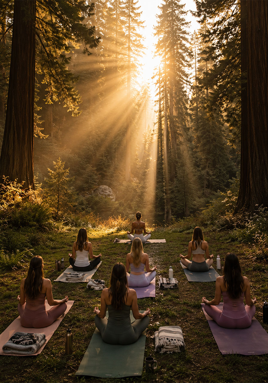 Group of women doing outdoor sunrise yoga in forest clearing at camp bachelorette glamping party with morning light rays through trees