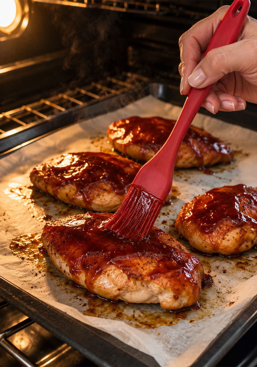 Brushing thick BBQ sauce onto partially baked chicken breasts with a red silicone pastry brush mid-oven-bake
