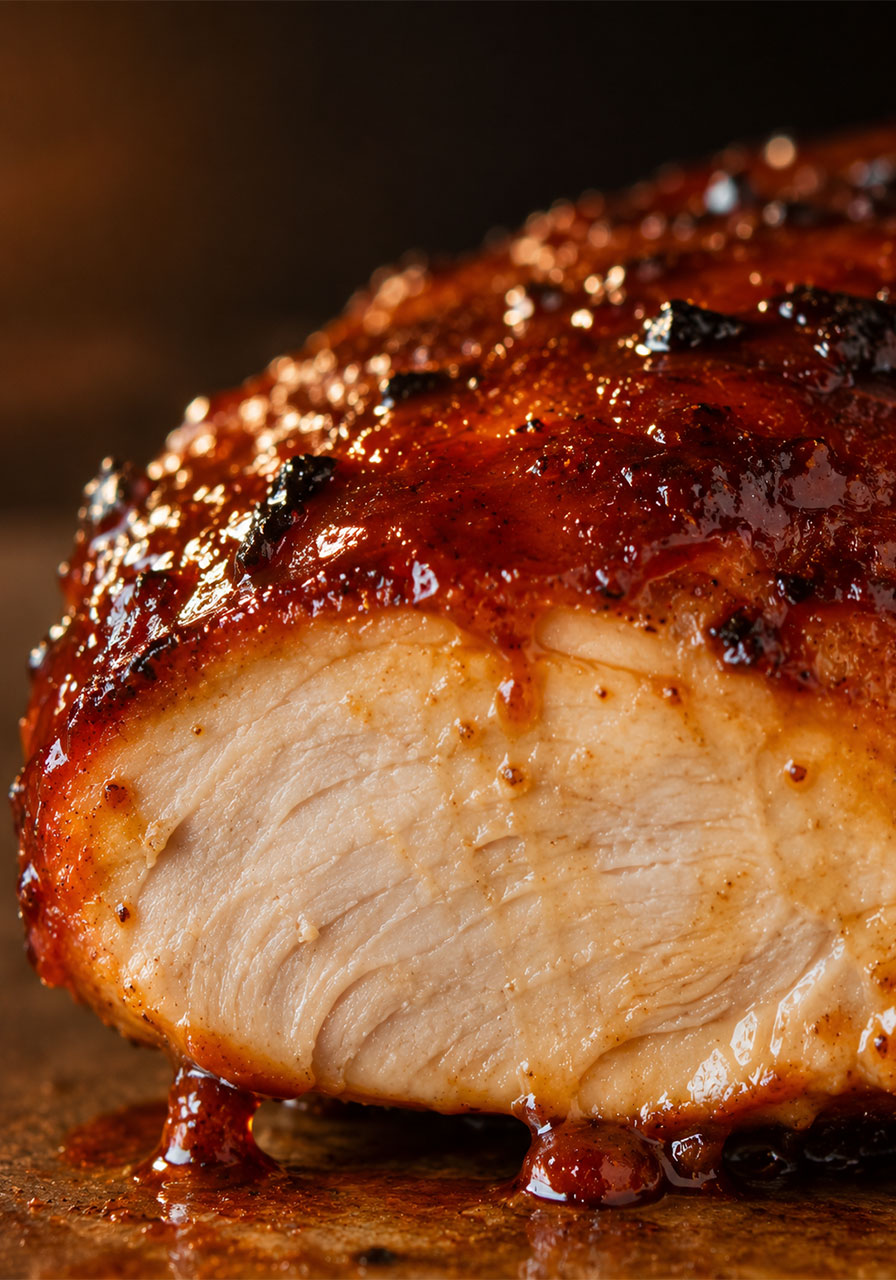 Close-up of oven roasted BBQ chicken slice showing caramelized sticky glaze and juicy tender meat interior