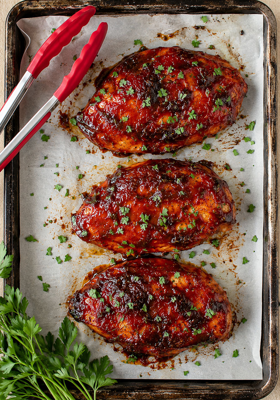 Three fully cooked oven roasted BBQ chicken breasts on a sheet pan with sticky caramelized glaze and fresh parsley garnish