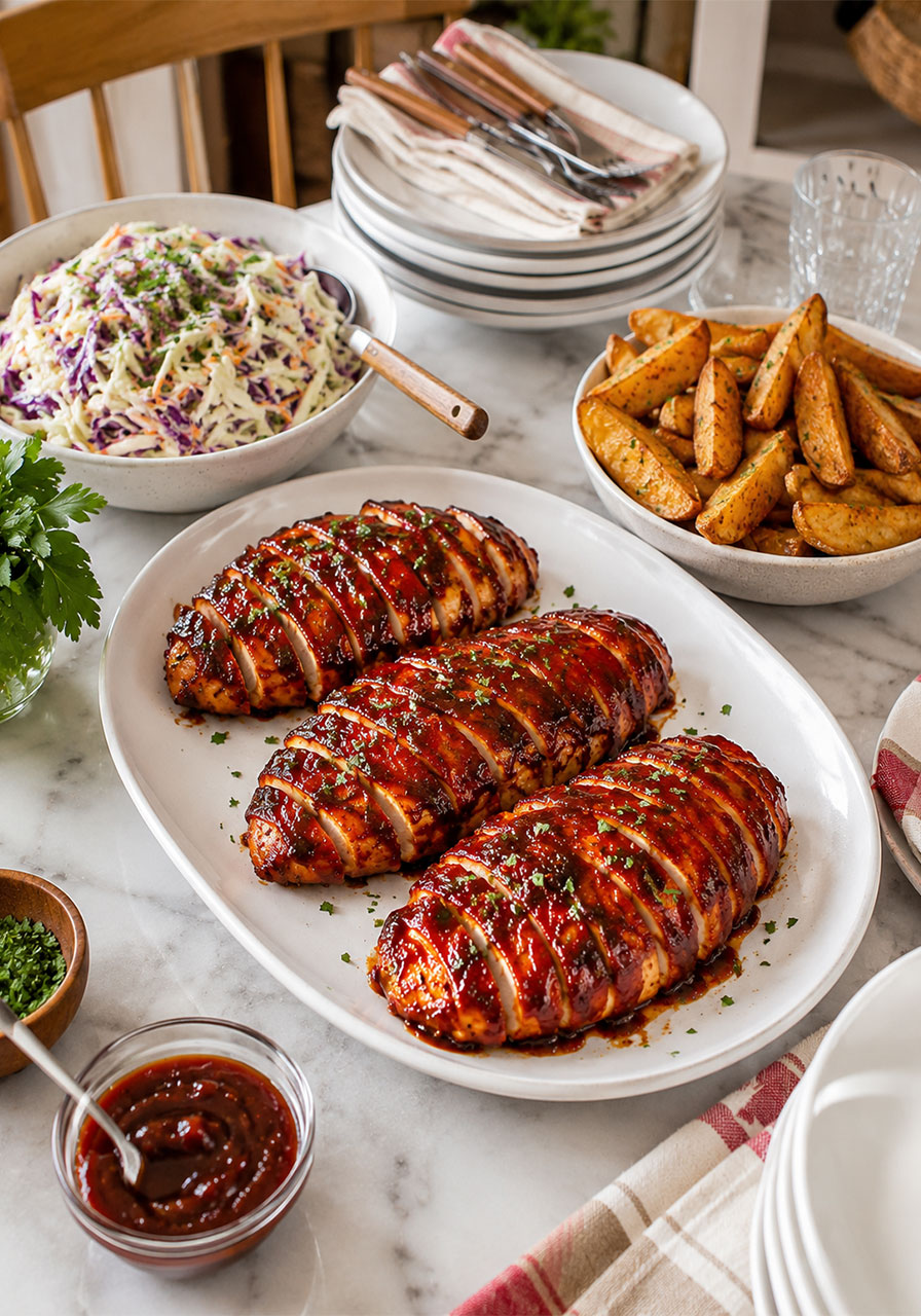 Oven roasted BBQ chicken served on a party platter alongside coleslaw and crispy potatoes for a crowd-pleasing spread