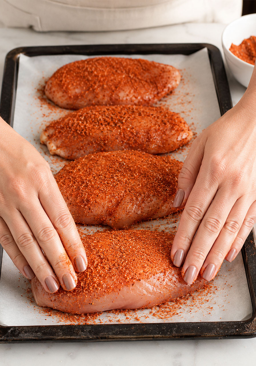 Rubbing smoky spice blend onto raw chicken breasts on a parchment-lined baking sheet to prepare for oven roasting