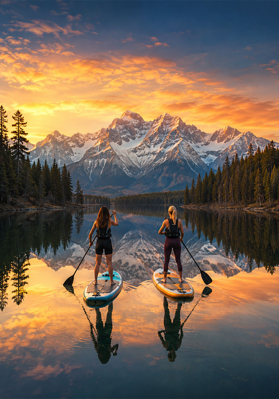 Two women paddle boarding on glassy mountain lake at sunrise during camp bachelorette party outdoor adventure activity