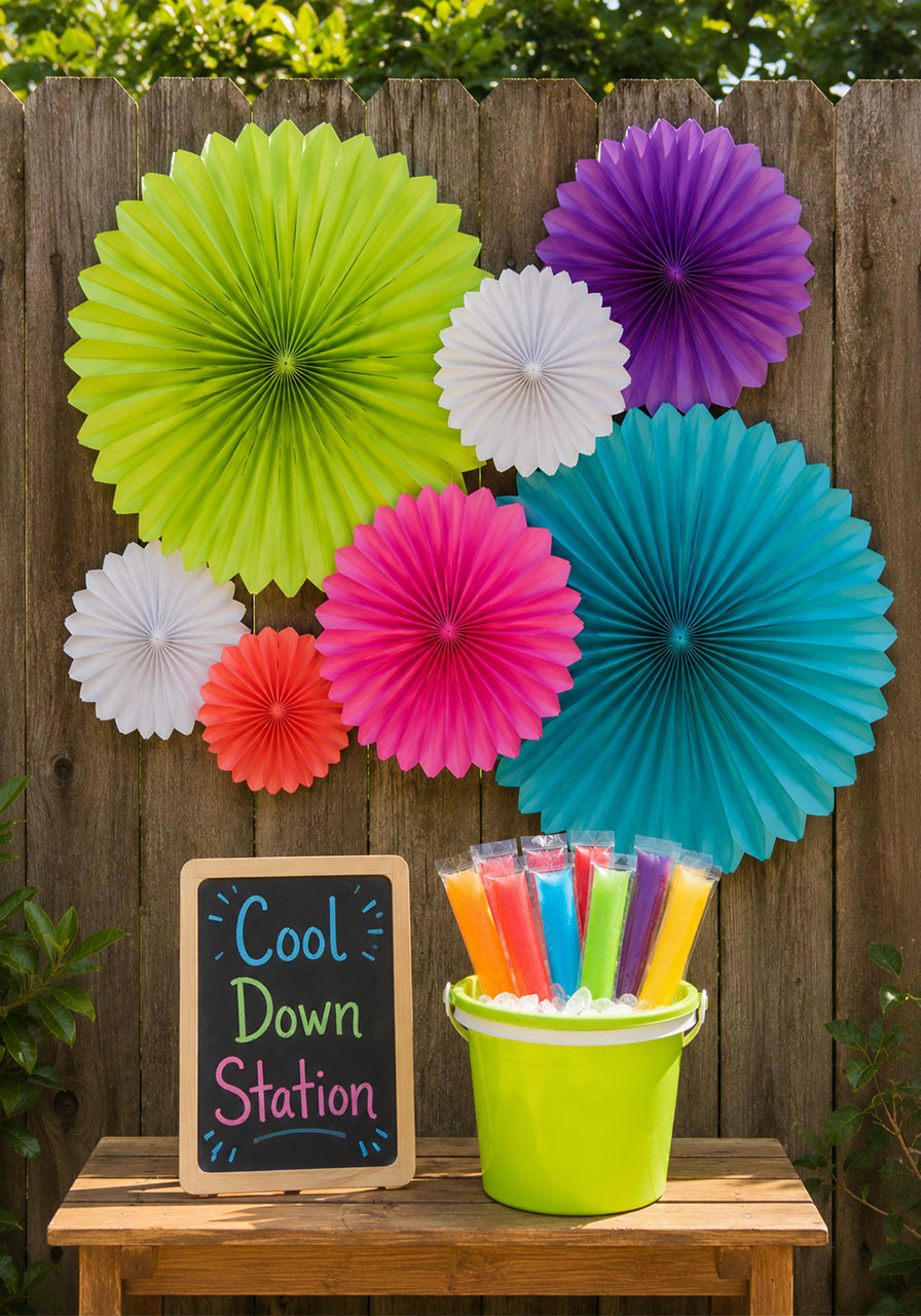 Colorful paper fan backdrop decoration with popsicle station for kids pools and popsicles summer birthday party