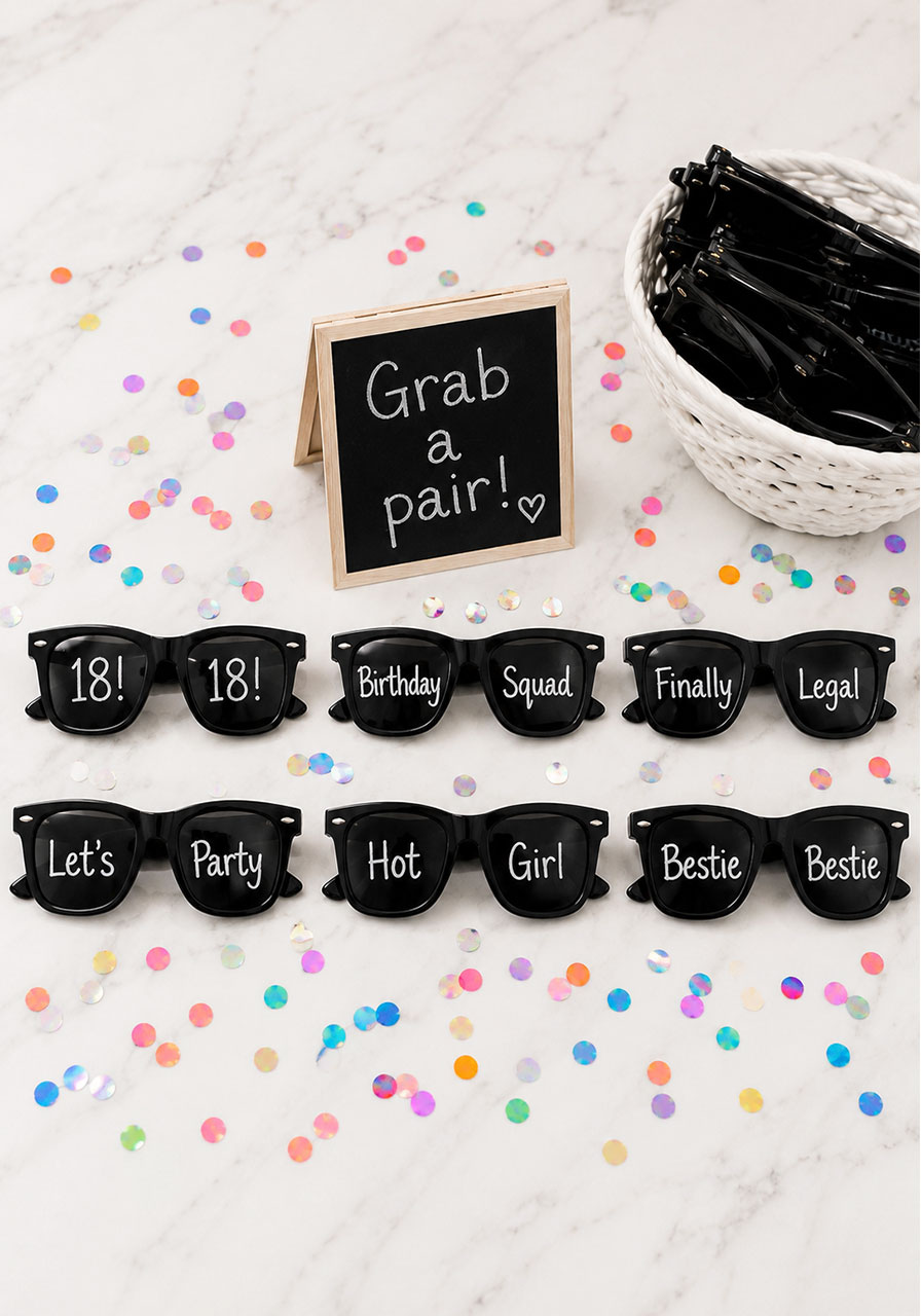 DIY photo booth novelty sunglasses props with chalk marker messages for 18th birthday party accessories