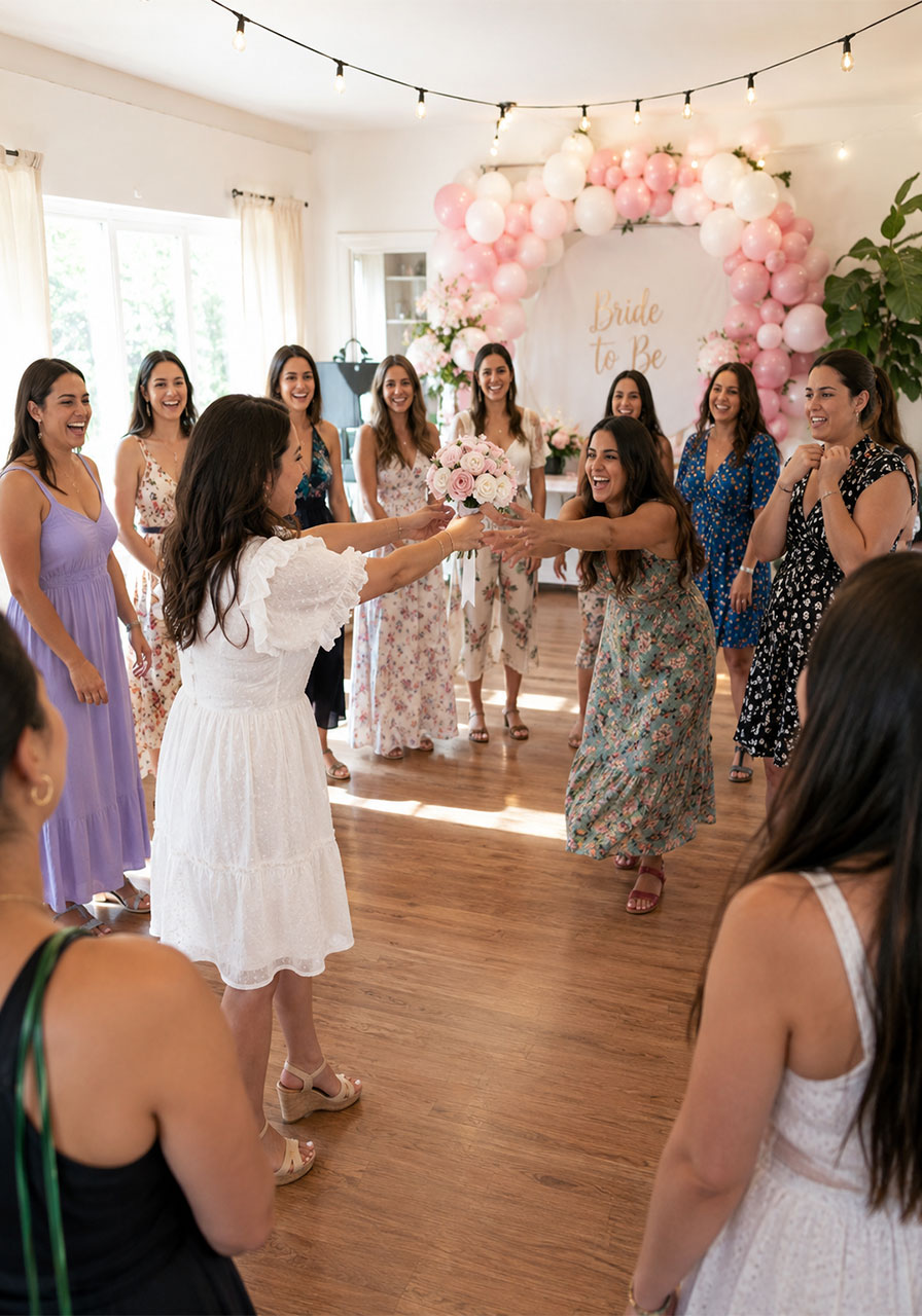 Women playing pass the bouquet bridal shower game standing in a circle passing a faux flower bouquet