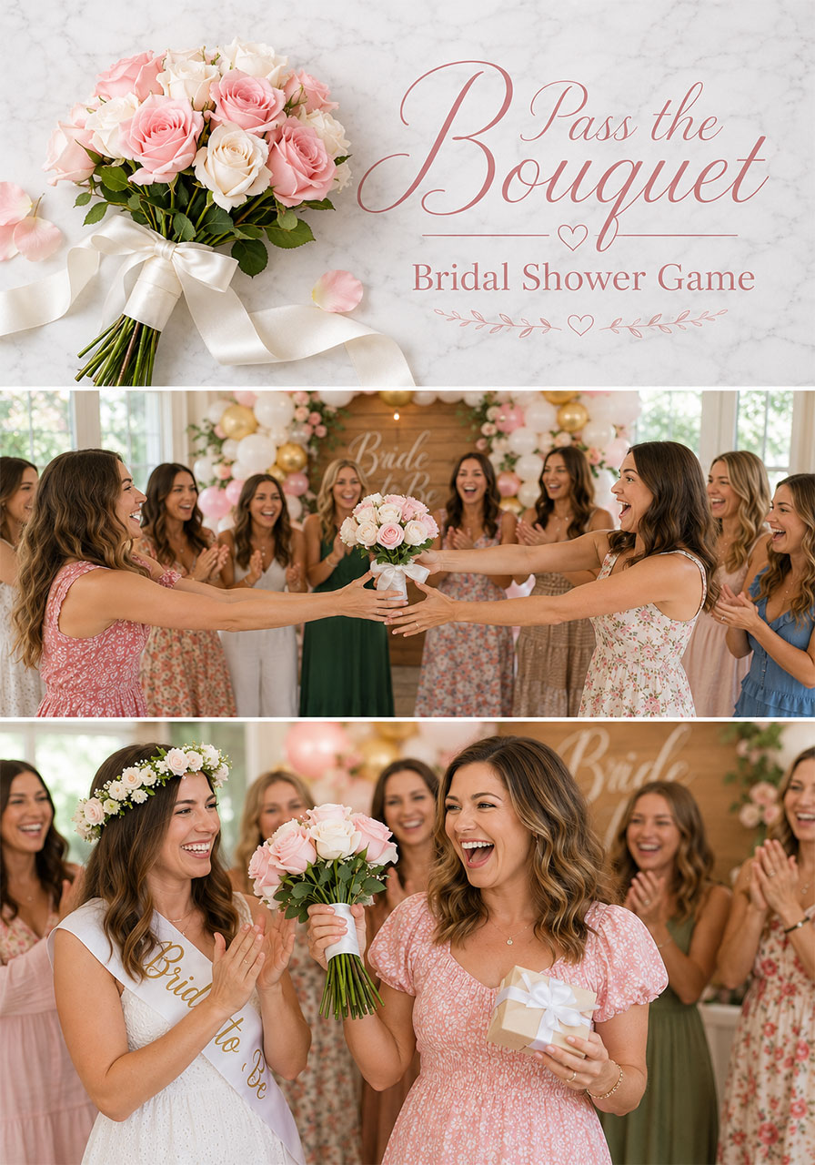 Pinterest image showing how to play pass the bouquet musical bouquet bridal shower game with setup action and winner moments