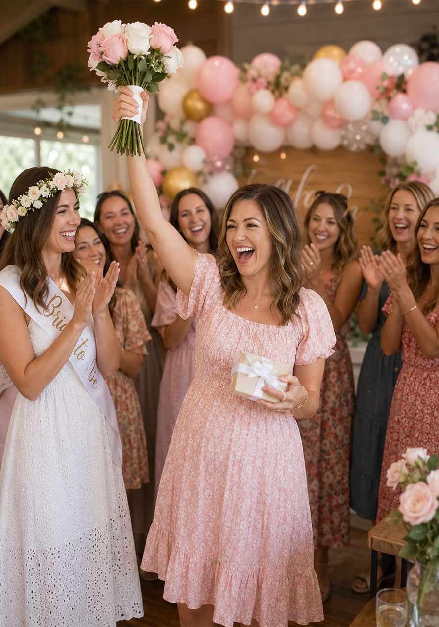 Winner of pass the bouquet bridal shower game holding bouquet and prize while guests cheer at bridal shower party