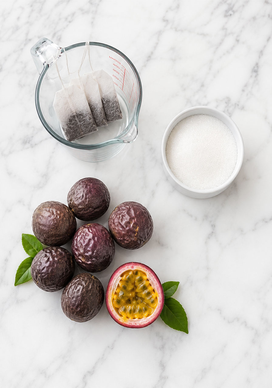 Flat lay of all four ingredients for passion fruit iced tea: black tea bags, sugar, water, and fresh passion fruits on white marble