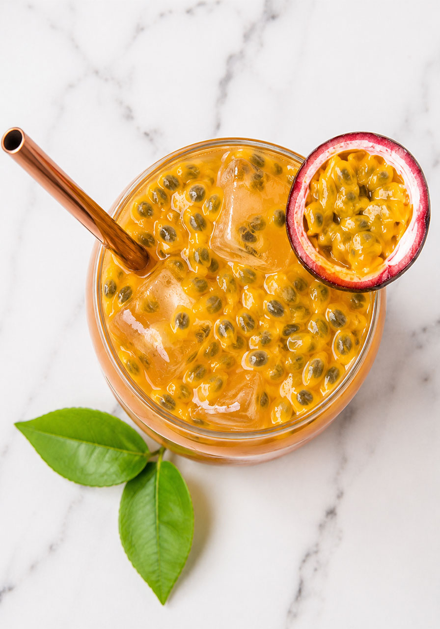 Overhead view of a single glass of passion fruit iced tea filled with golden pulp, black seeds, and ice