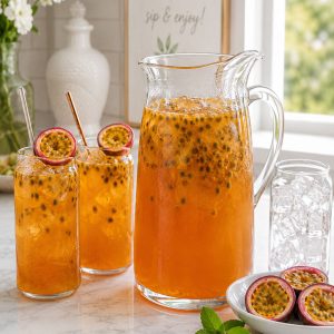 Party drink station with a pitcher of passion fruit iced tea, glasses filled with ice, and fresh passion fruits for a summer gathering