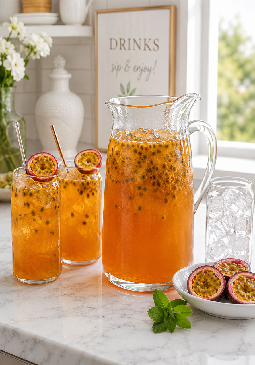Party drink station with a pitcher of passion fruit iced tea, glasses filled with ice, and fresh passion fruits for a summer gathering