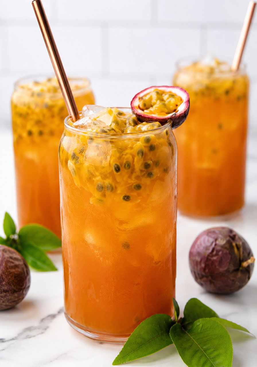 Three glasses of homemade passion fruit iced tea with ice, floating seeds, and a copper straw on a white marble surface