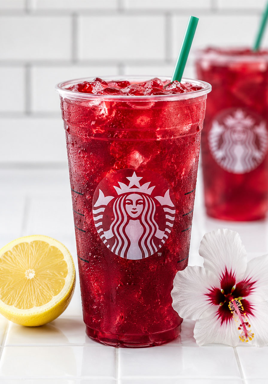 Deep red Starbucks copycat passion tea lemonade mocktail in a clear cup with hibiscus flower for a bridal shower