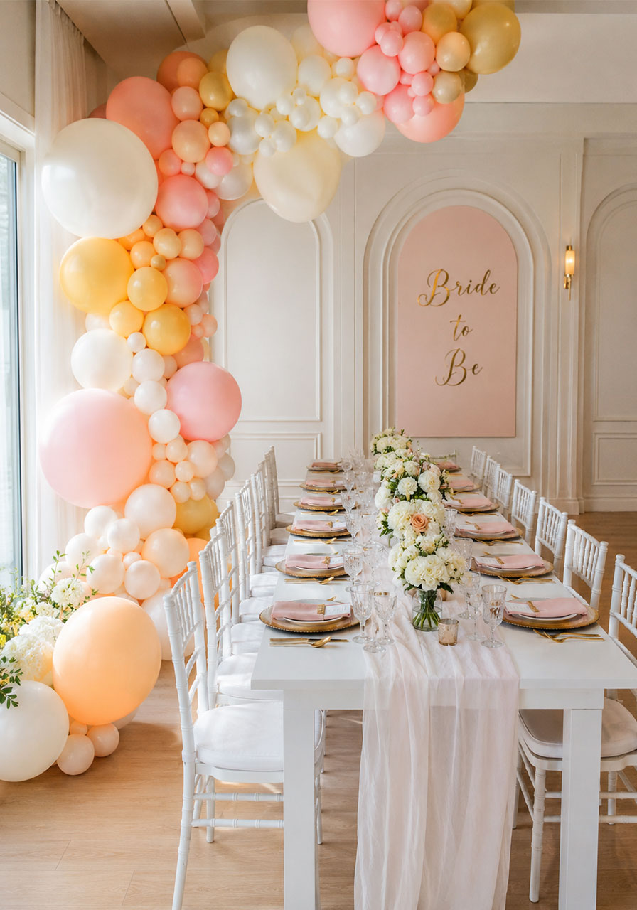 Pastel balloon arch in peach and yellow above a white bridal shower table setting