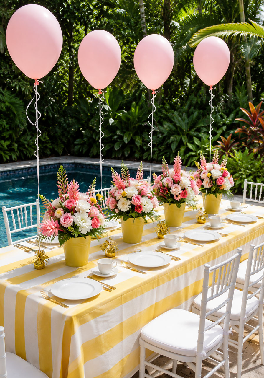 Outdoor pastel bridal shower brunch table with yellow striped tablecloth, floral centerpieces, and pink floating balloons