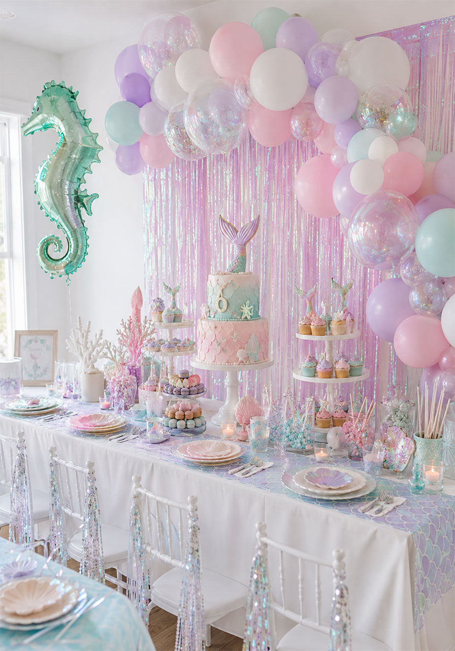 Pastel pink and mint mermaid-themed under the sea birthday party setup with balloon garland and dessert table