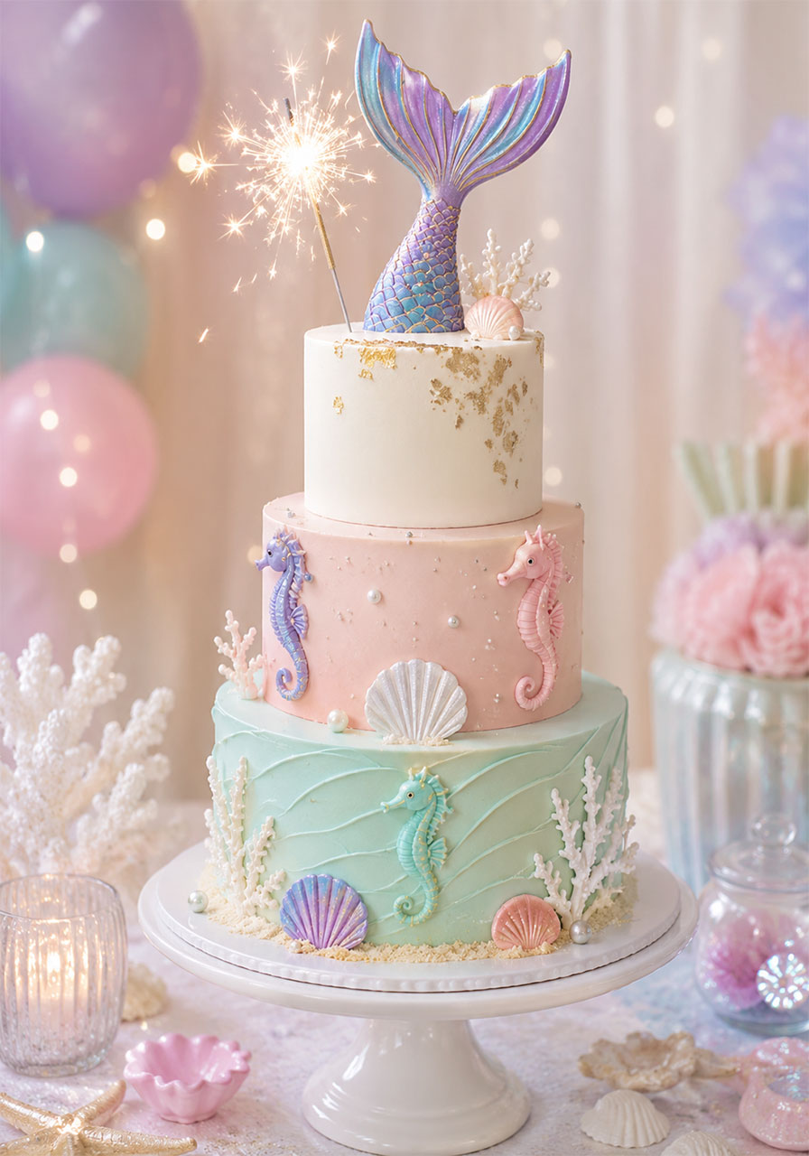Three-tier pastel mint and blush under the sea birthday cake with mermaid tail topper