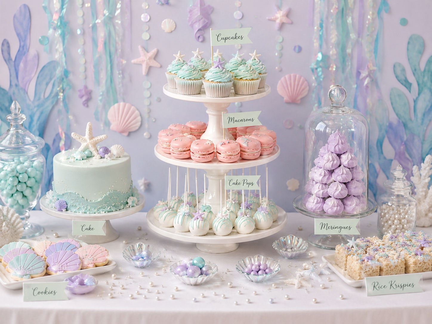 Pastel mint pink and lavender ocean-inspired dessert spread for an under the sea kids birthday party