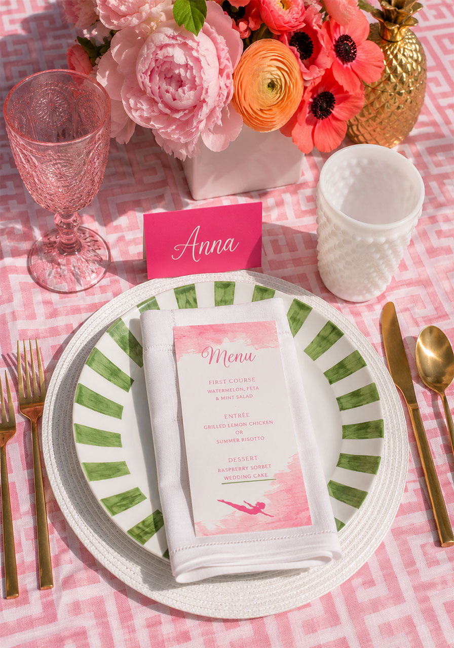 Elegant pastel summer place setting with green-striped plates, matte gold flatware, pink goblet, and floral centerpiece