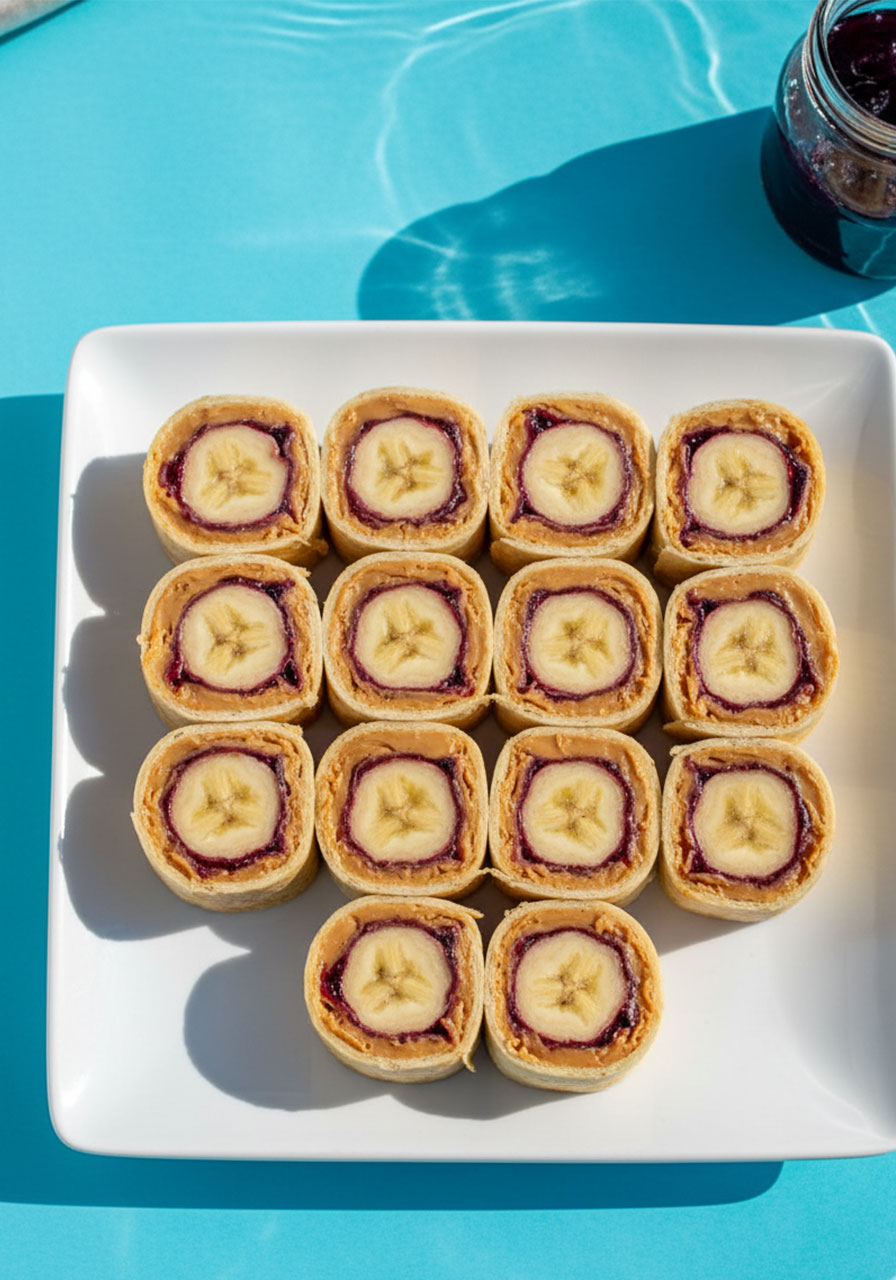 PB&J banana sushi tortilla wrap rounds showing spiral layers on a white plate — easy pool party snack for kids
