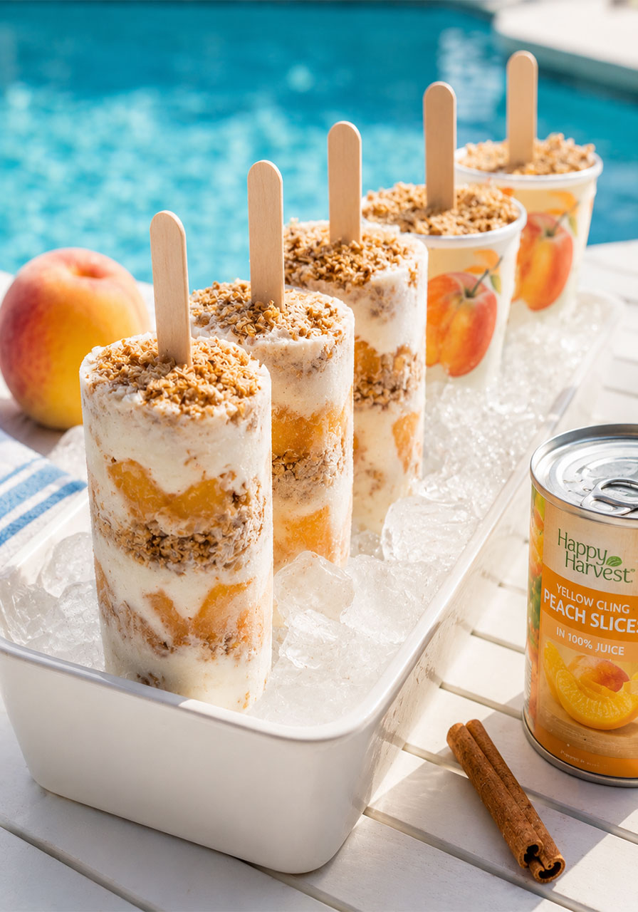 Peach crisp parfait pops with Greek yogurt, granola and peaches on wooden sticks – healthy pool party frozen treat