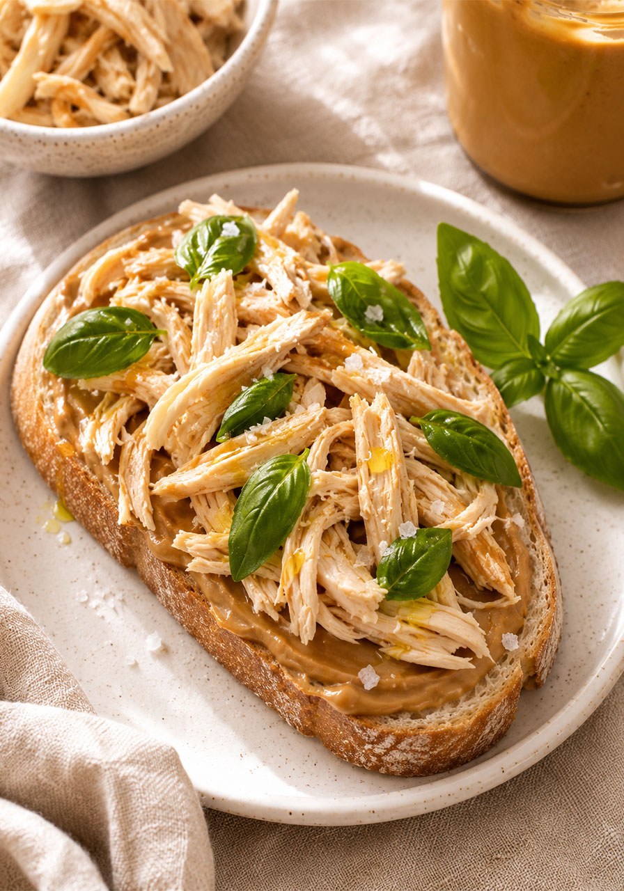 Open-face peanut butter chicken and basil sandwich with olive oil drizzle, a no-cook summer lunch idea
