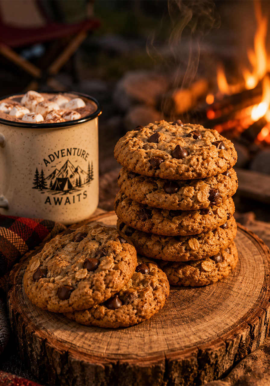 Stack of peanut butter chocolate chip oatmeal cookies at a campfire for summer camping dessert