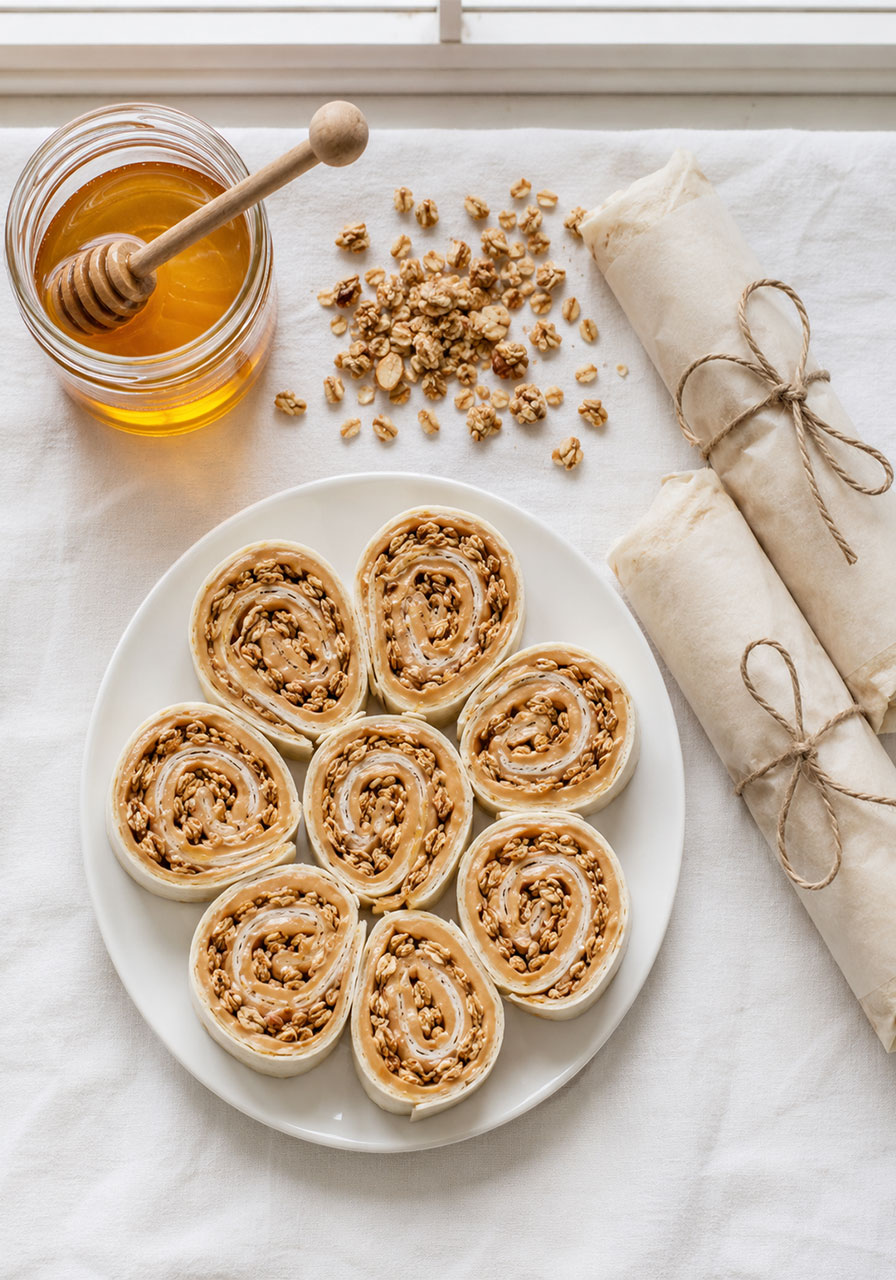 Sliced peanut butter granola pinwheel rolls arranged on a white plate showing swirls of peanut butter and crunchy granola
