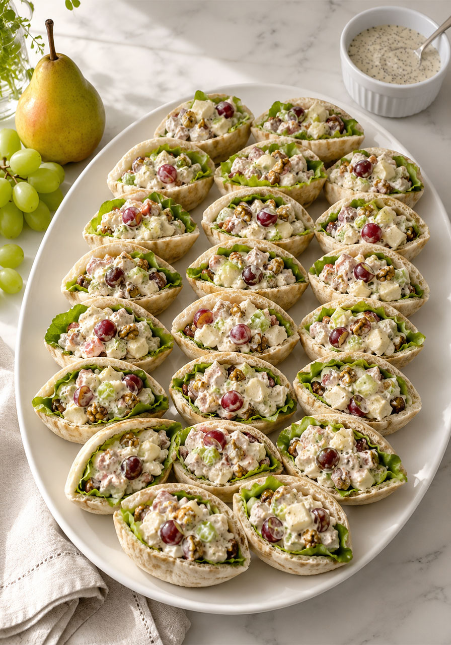 Pear Waldorf pitas filled with creamy pear grape and walnut salad, a no-cook summer party appetizer grandma made
