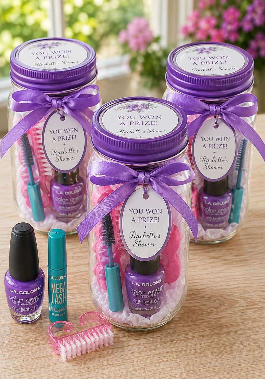 Pedicure in a jar game prize with nail polish and spa items in mason jar with purple ribbon – creative bridal shower prize idea