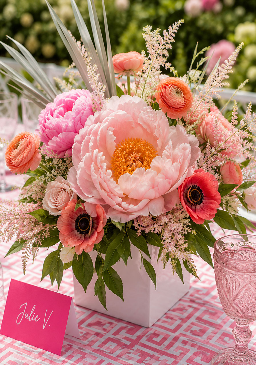 Lush blush peony and coral ranunculus garden-style floral centerpiece in white vase on pink summer soirée table