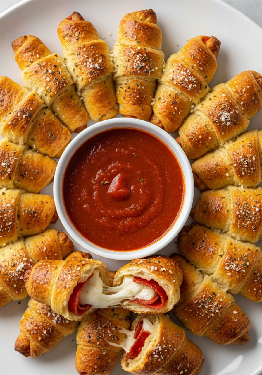 Golden pepperoni crescent rolls with herbs on a platter with marinara dip — easy crowd-pleasing pool party snack for kids