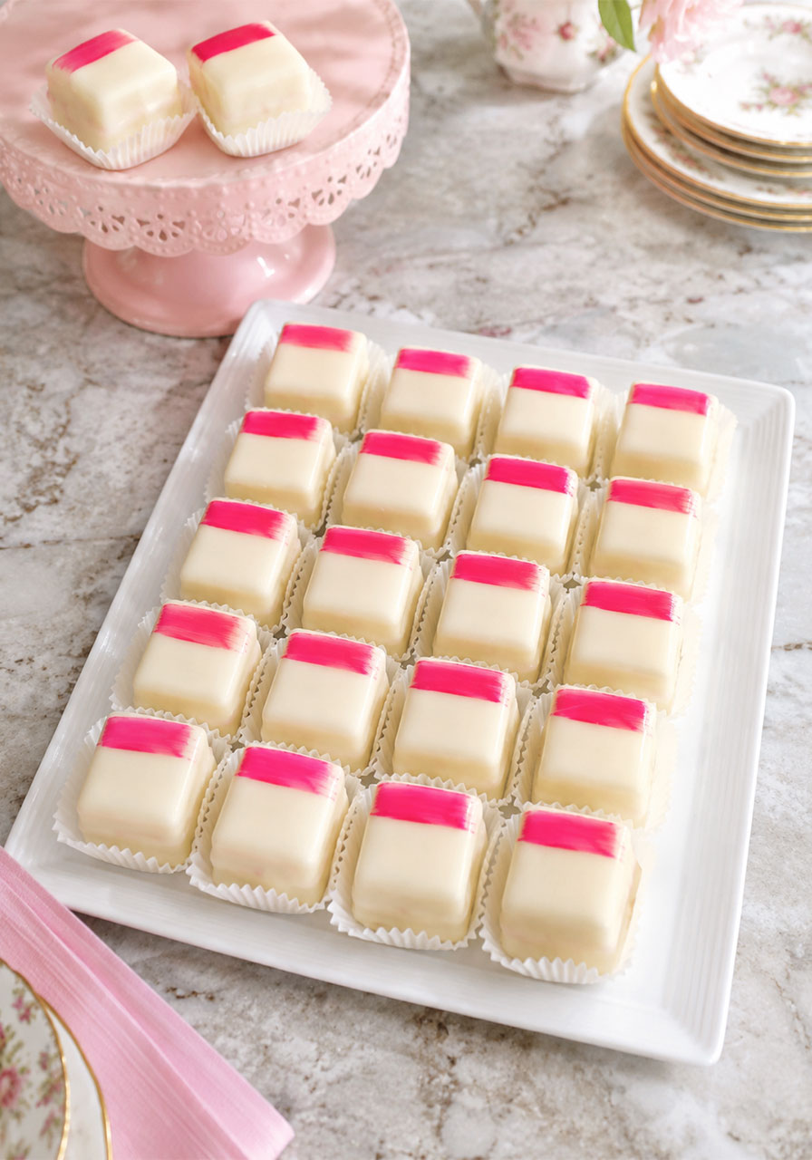 Finished perfect petit fours recipe displayed on white platter with pink brushstroke decoration