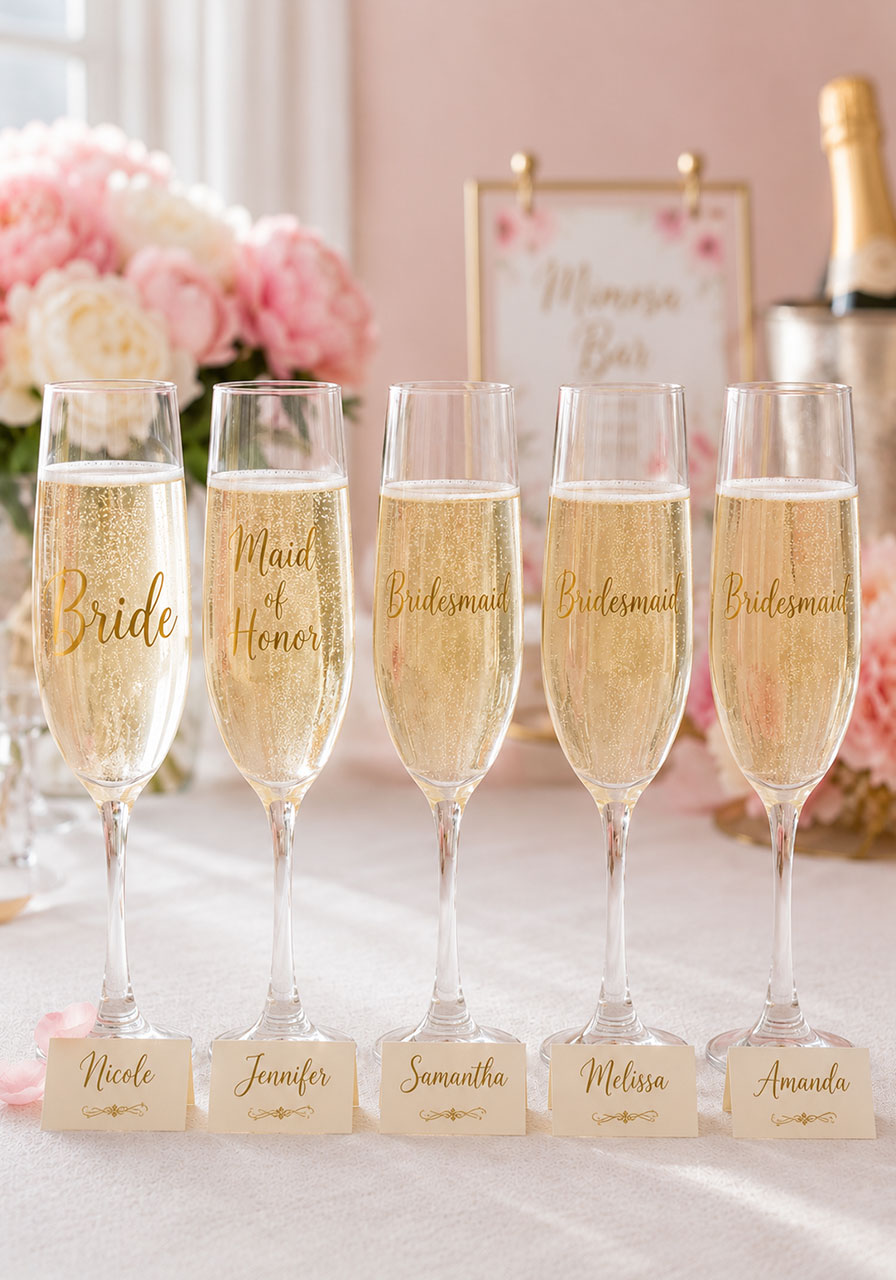 Five personalized champagne flutes engraved with Bride, Maid of Honor, and Bridesmaid titles for a bridal shower mimosa bar