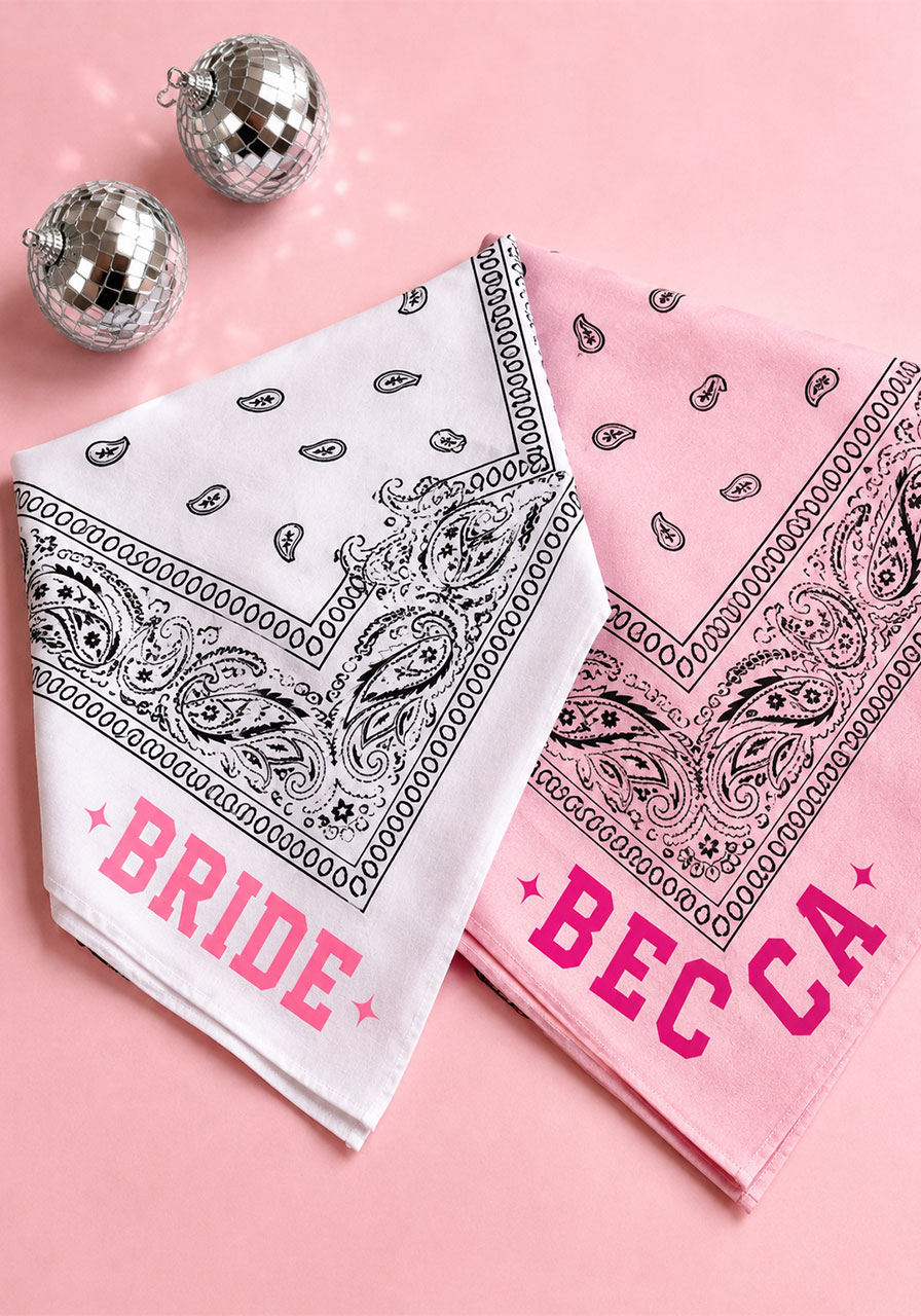 Personalized bride and bridesmaid cowgirl bandanas for last disco rodeo bachelorette party