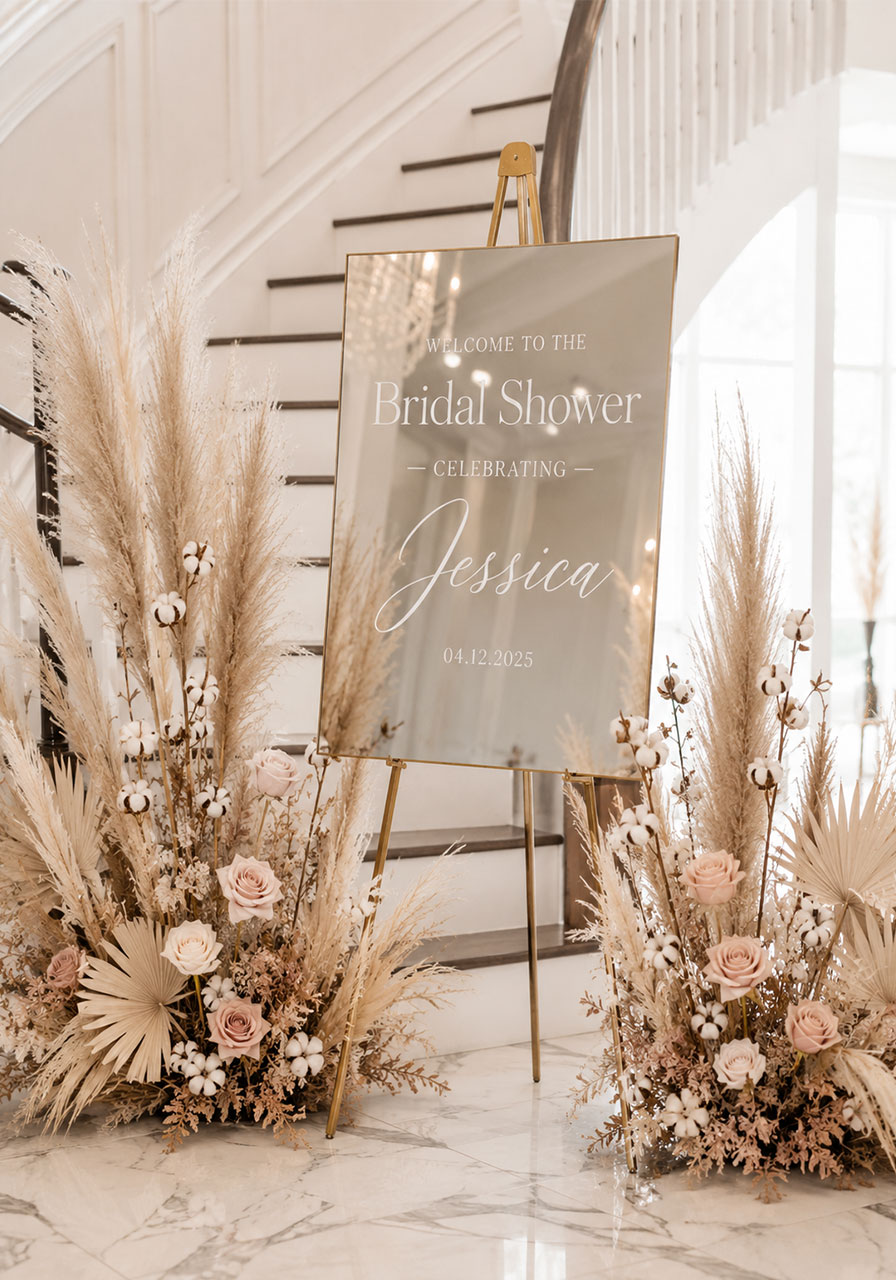 Personalized acrylic mirror bridal shower welcome sign surrounded by pampas grass and dried florals at venue entryway