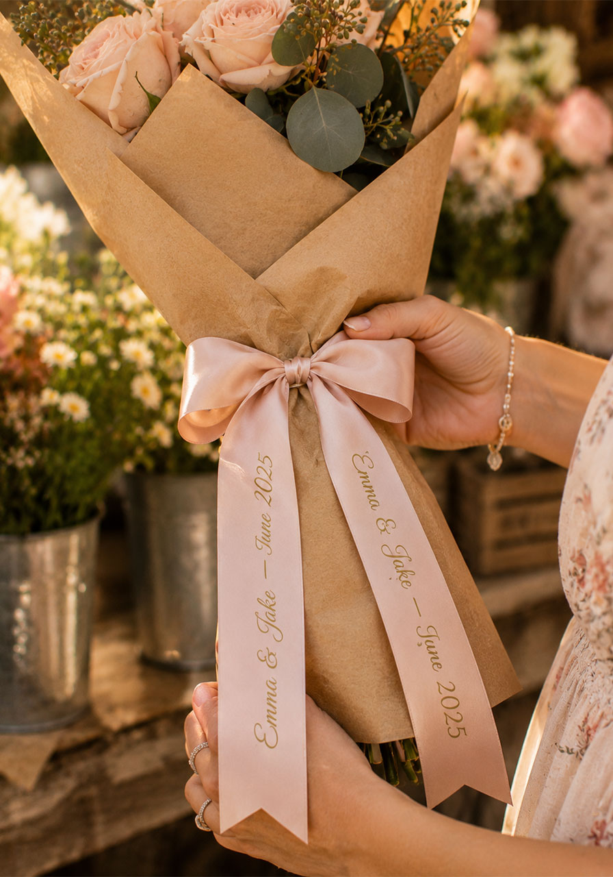 Personalized ribbon on bridal shower flower bar bouquet with custom bride and groom names and wedding date in gold script on blush satin