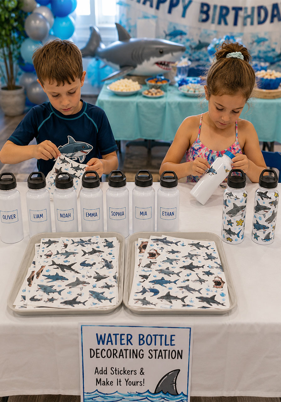 Kids decorating personalized shark water bottles with shark stickers at shark themed birthday party craft activity and favor station