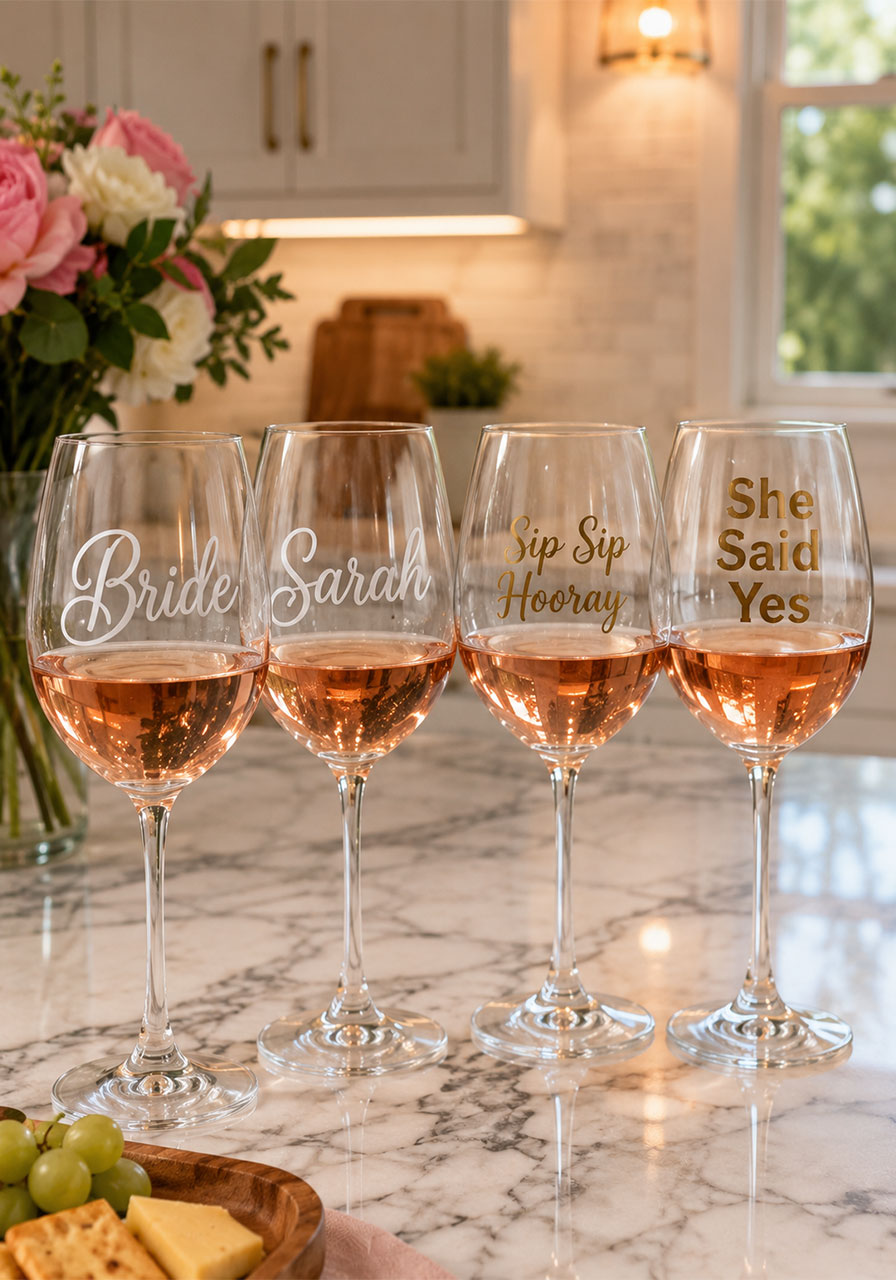 DIY personalized wine glasses with Cricut adhesive vinyl lettering — bridal shower favor and decoration idea