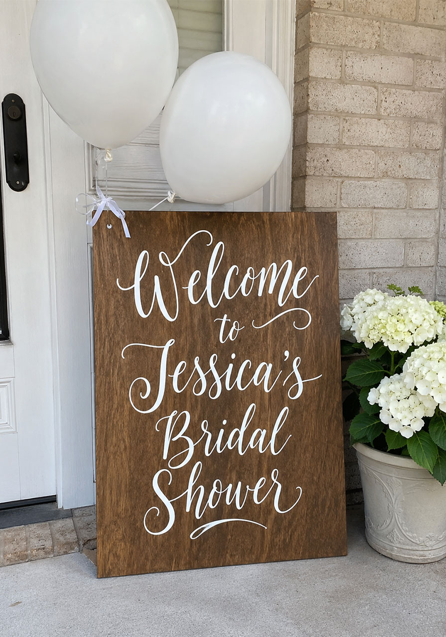 Personalized wooden welcome sign with calligraphy at bridal shower entrance