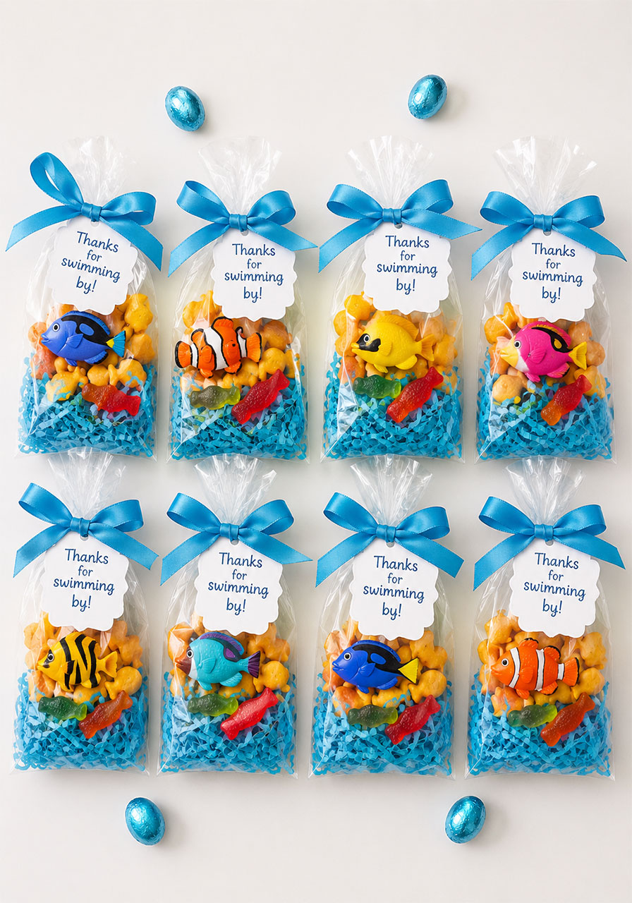 Clear cellophane pet fish favor bags with toy fish and gummy candy for an under the sea birthday party